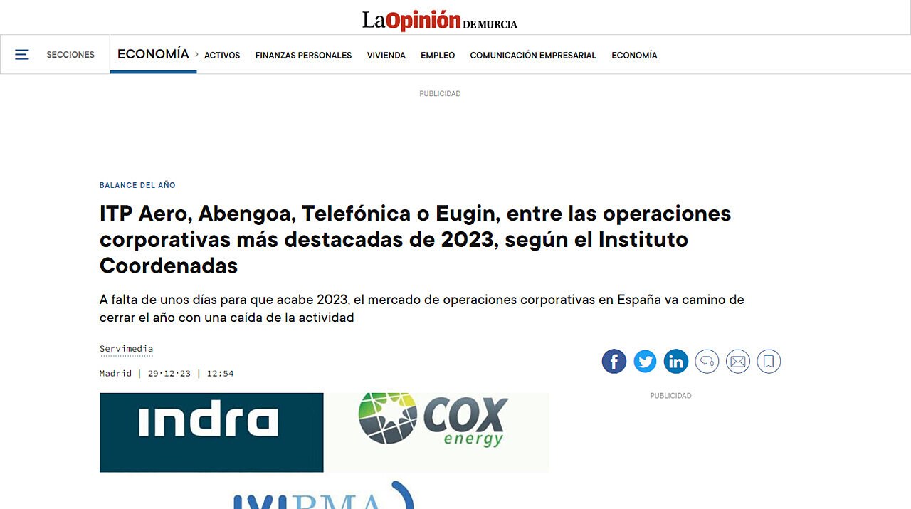 ITP Aero, Abengoa, Telefnica o Eugin, entre las operaciones corporativas ms destacadas de 2023, segn el Instituto Coordenadas